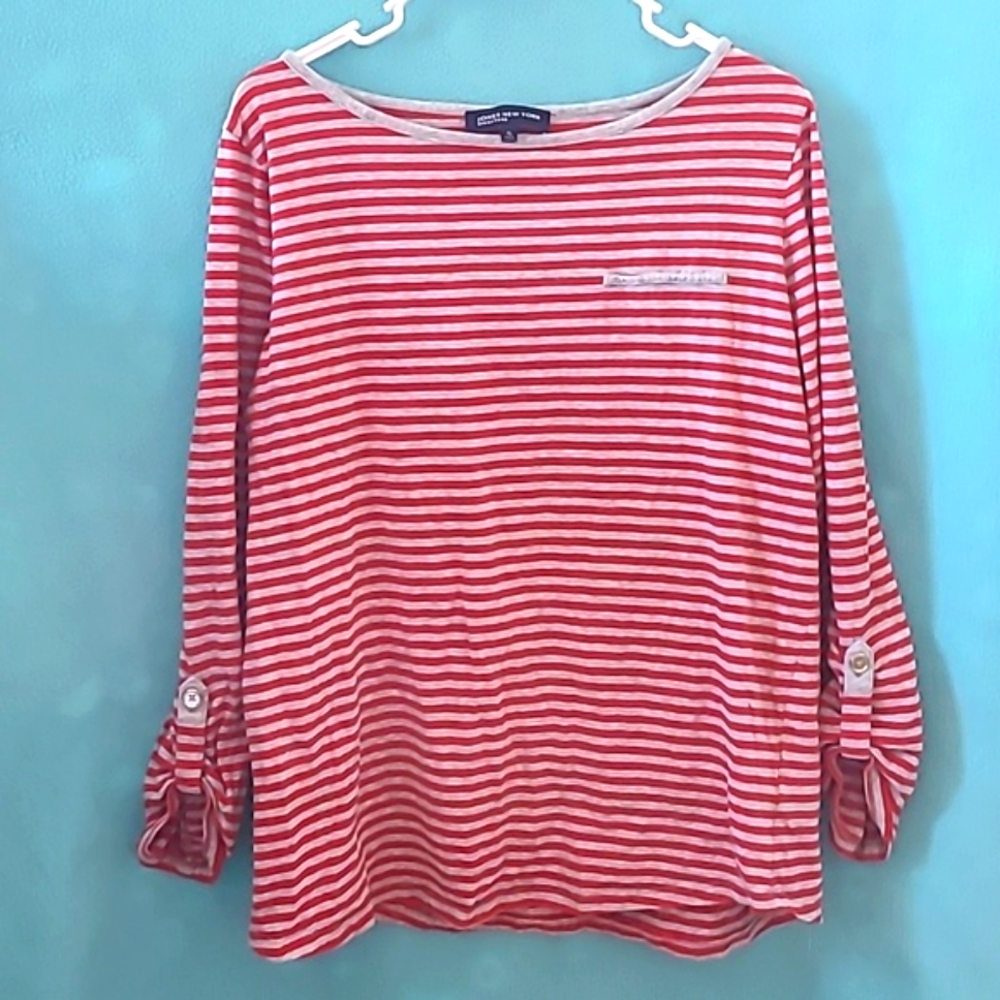 Jones New York Red & Gray Stripe Top Size XL